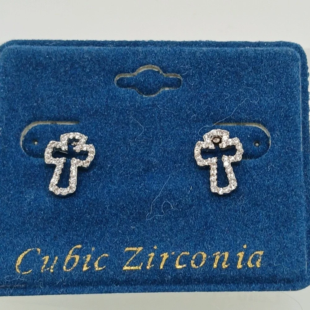 Micro Pave Vintage 1990s Cubic Zirconia Cross Stud Earrings Silver Tone Rare New